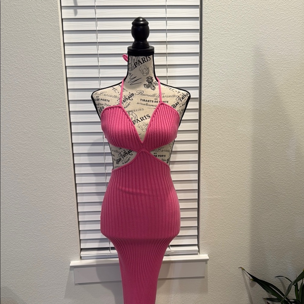 Pink Ribbed Halter Bodycon Midi Dress